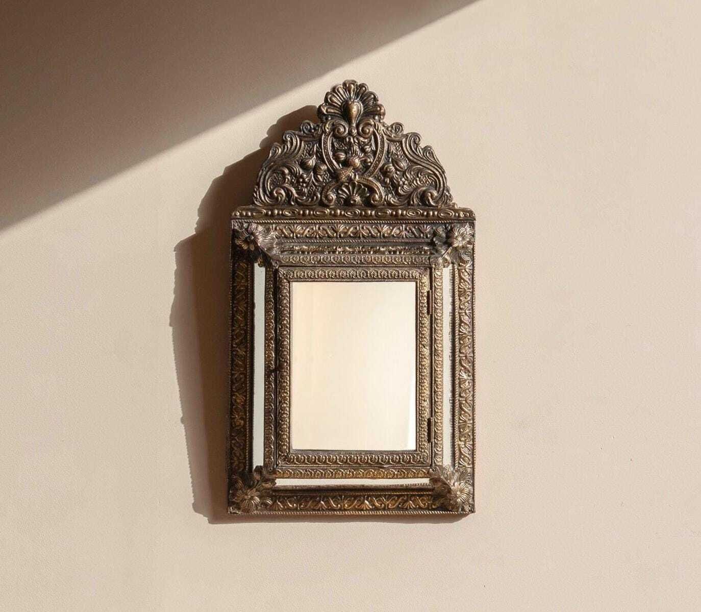 Antique French Brass Mirror With Floral Crest – Ornate Repoussé Vanity Cabinet
