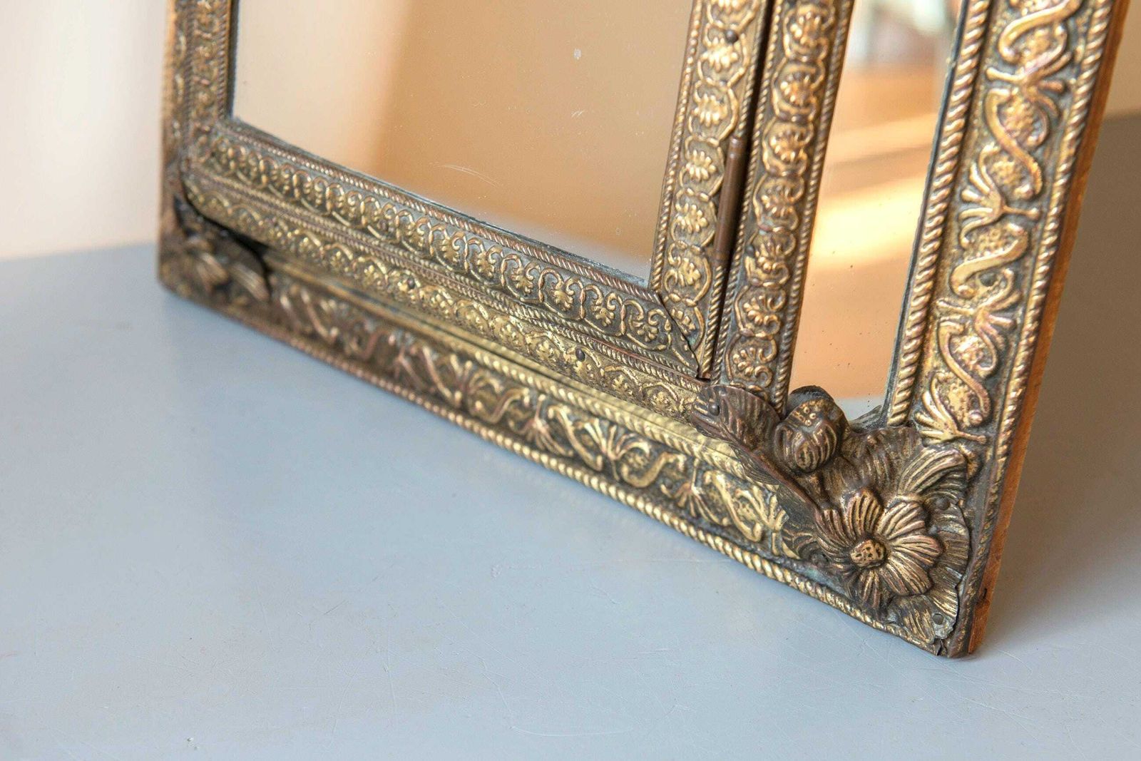 Antique French Brass Mirror With Floral Crest – Ornate Repoussé Vanity Cabinet photo 269.0