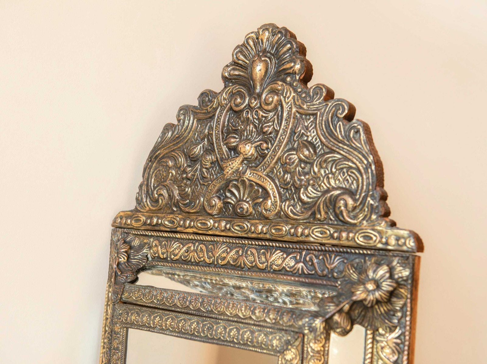 Antique French Brass Mirror With Floral Crest – Ornate Repoussé Vanity Cabinet photo buy