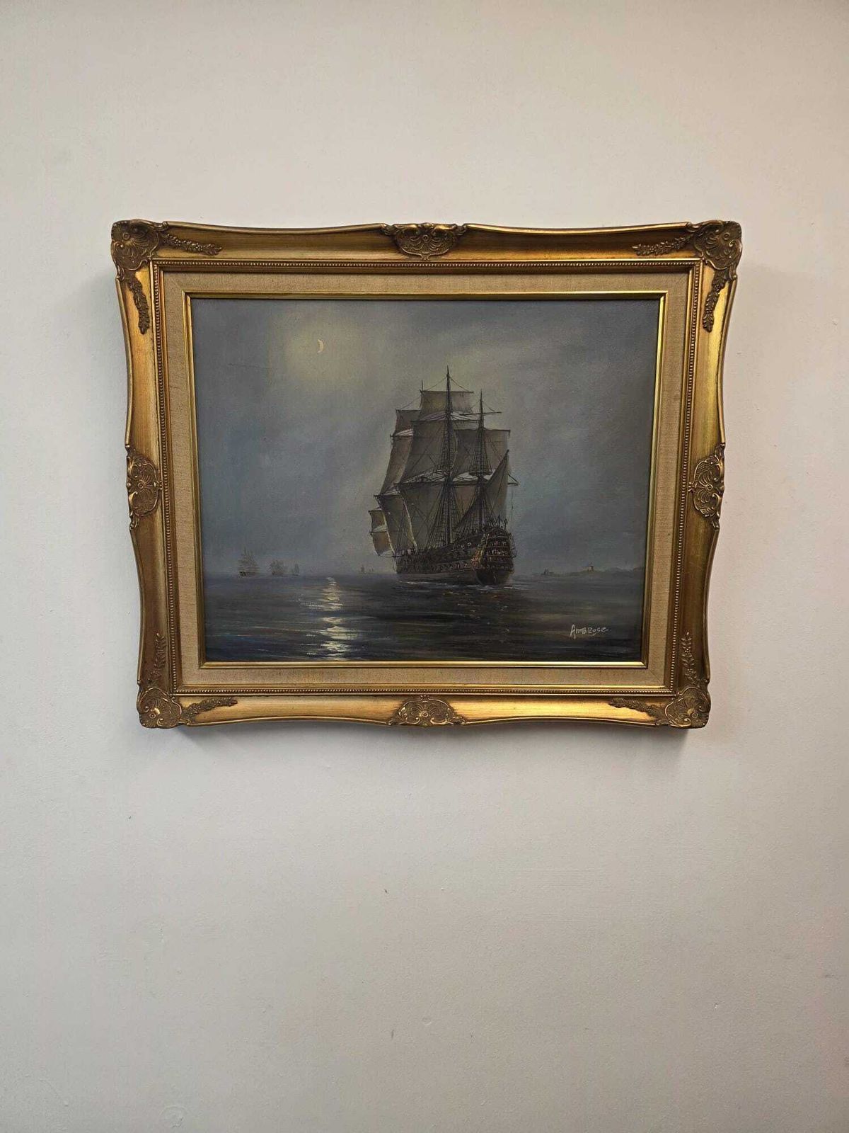 Vintage Oil Painting / Sailing Ship By Ambrose / Framed Maritime Artwork / C1970