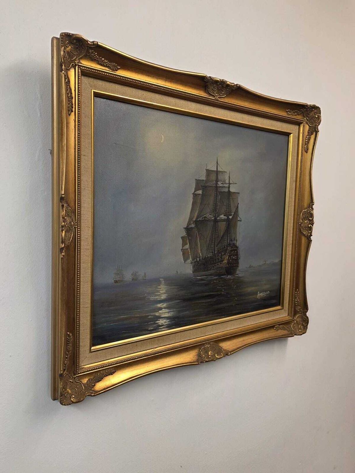 Vintage Oil Painting / Sailing Ship By Ambrose / Framed Maritime Artwork / C1970 photo furniture