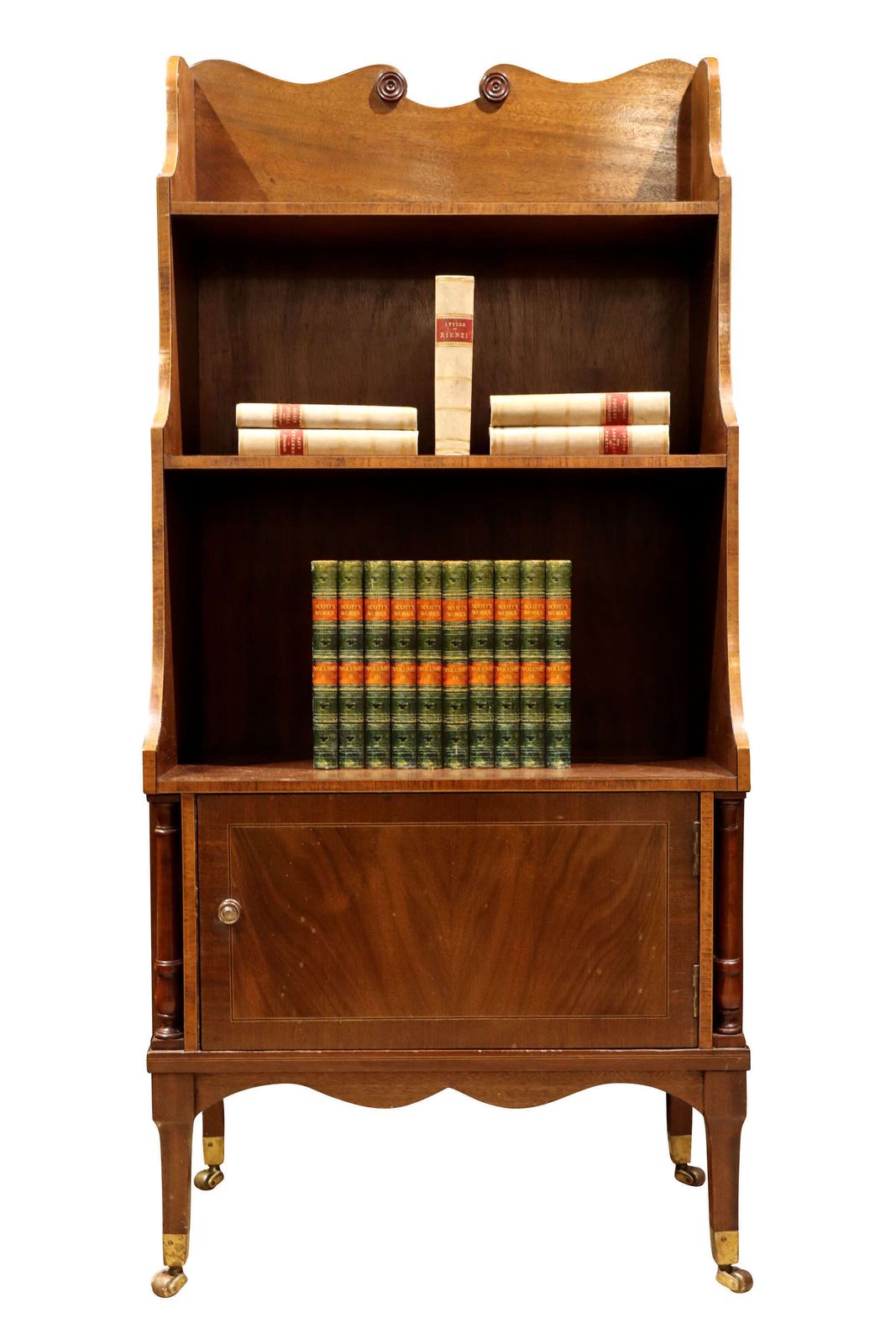 Fine Late Victorian Inlaid Mahogany Waterfall Bookcase Cabinet On Brass Castors