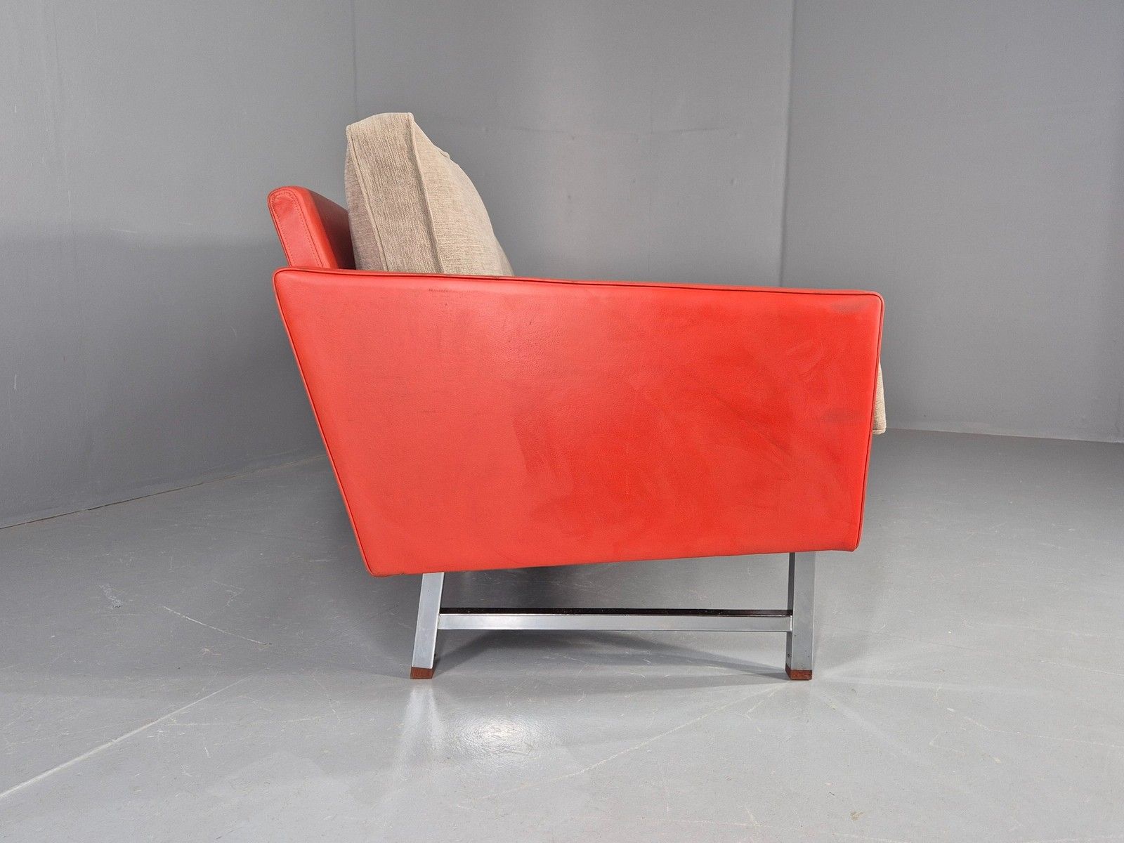 Vintage 3 Seat Sofa 1960s Swedish Red Leather New Cushions Mcm Retro  Eb11121 photo vintage