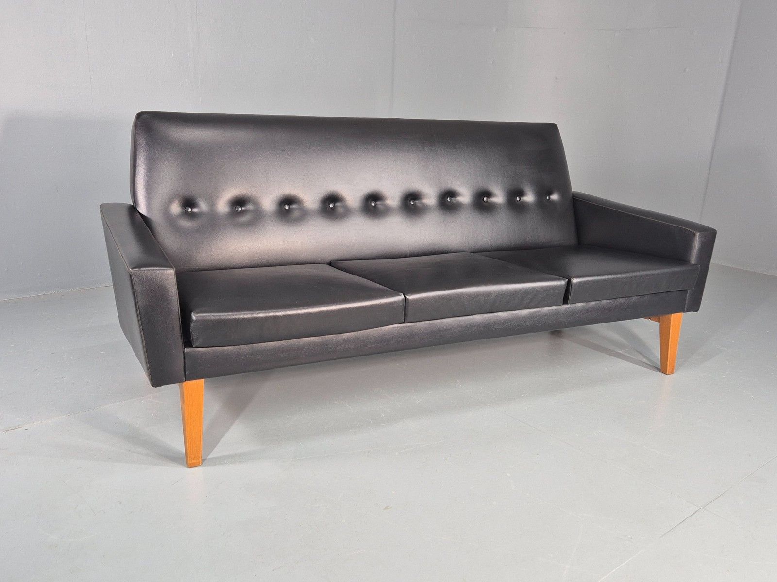 Vintage Three Seat Sofa 1960s Swedish Black Vinyl Upholstery Retro Eb11126 photo Furniture
