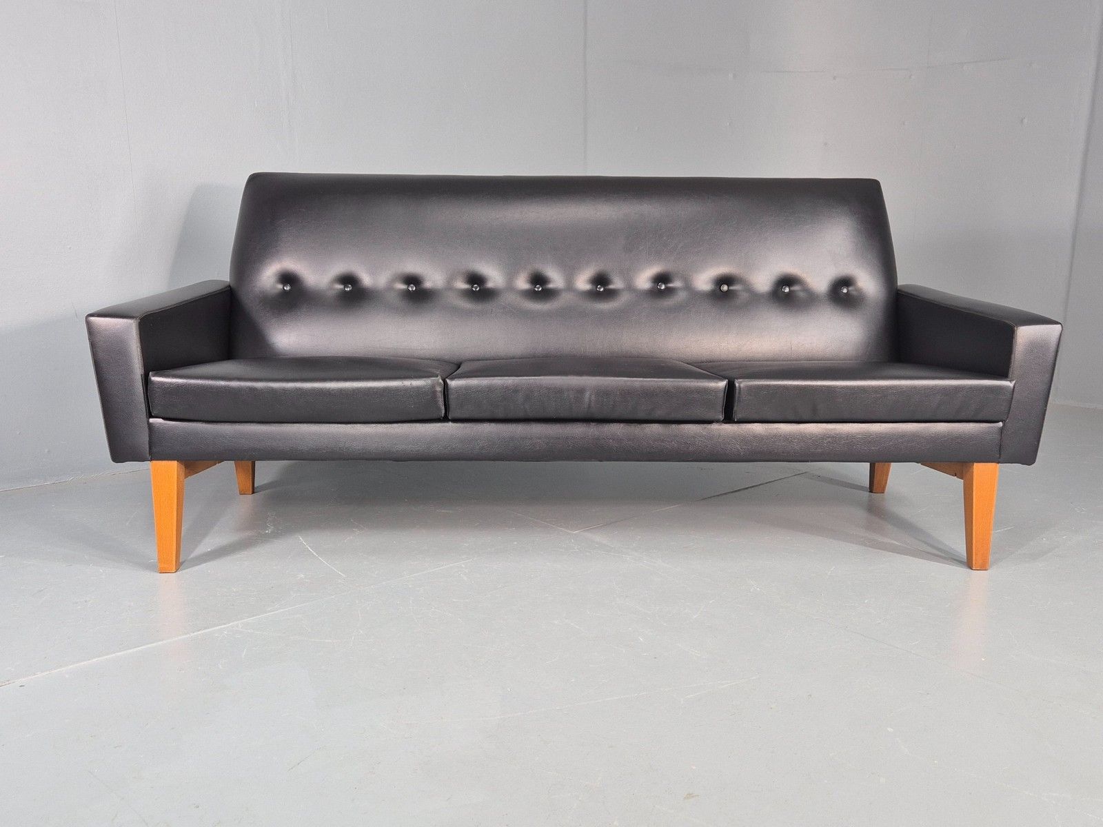 Vintage Three Seat Sofa 1960s Swedish Black Vinyl Upholstery Retro Eb11126 photo buy