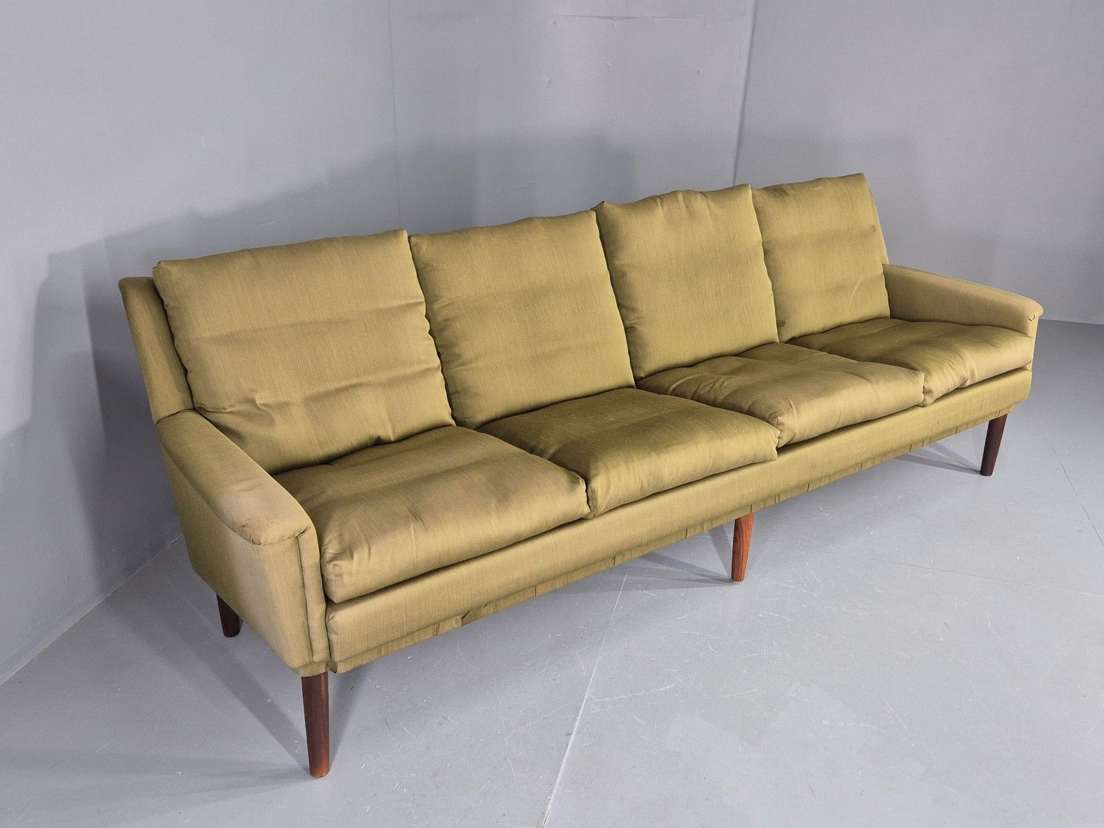 Vintage Mid Century 4 Seat Sofa Green Cotton Upholstery 1960s Retro Eb11374 photo for sale