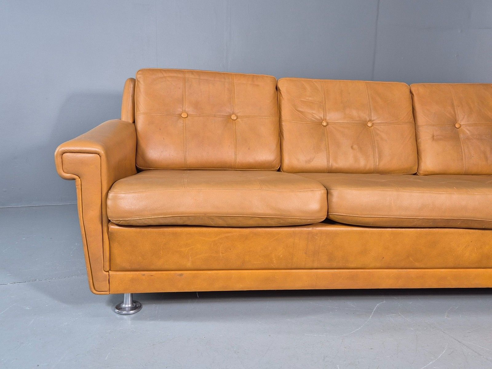 Vintage 3 Seater Mid Century Sofa Tan Leather 1970s Retro Chrome Feet  Eb11773 photo furniture