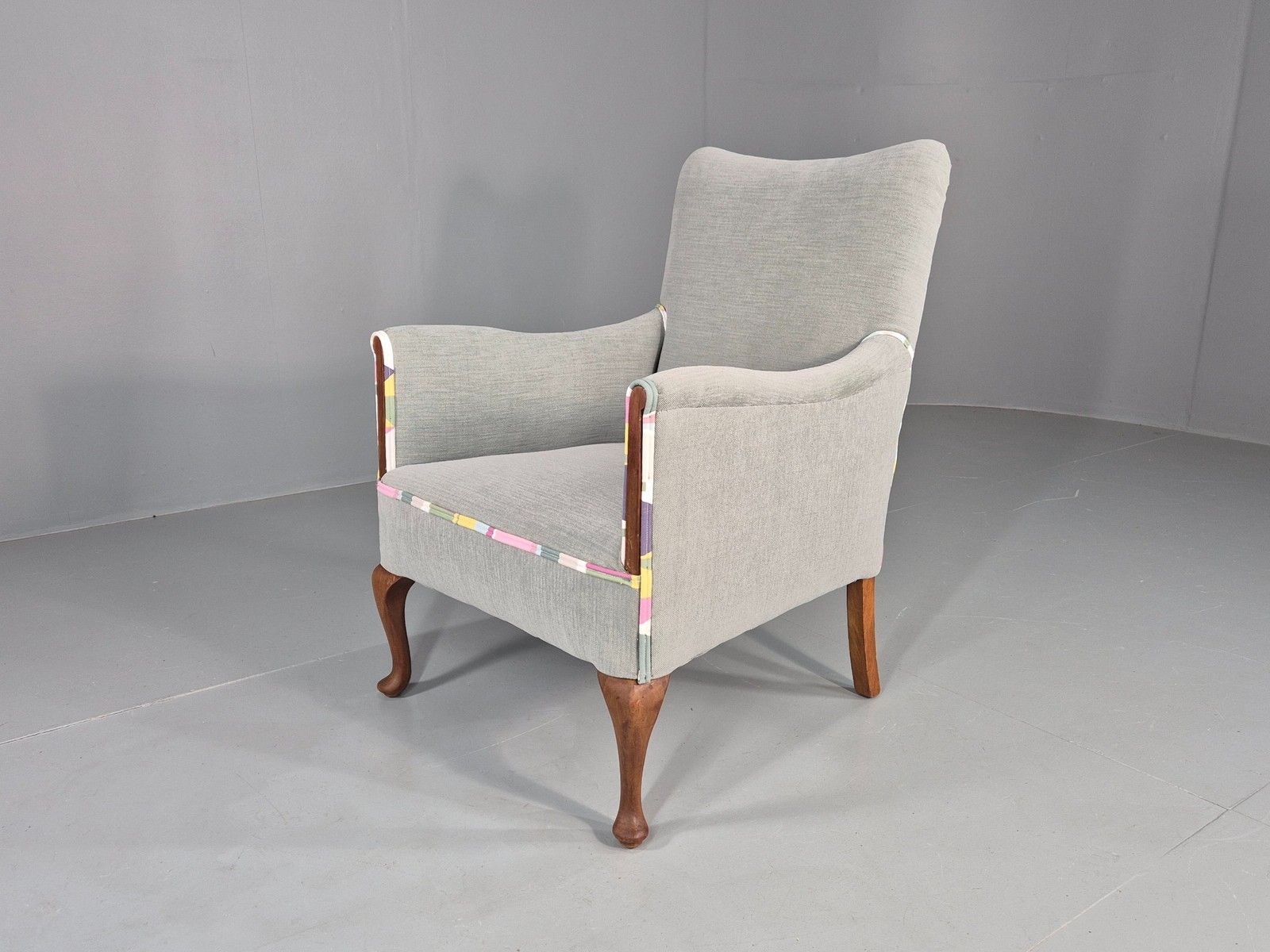 Vintage 1920s Armchair Reupholstered In Grey Green With Colour Accent Eb11824