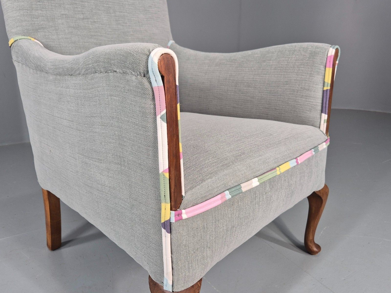 Vintage 1920s Armchair Reupholstered In Grey Green With Colour Accent Eb11824 photo vinterior