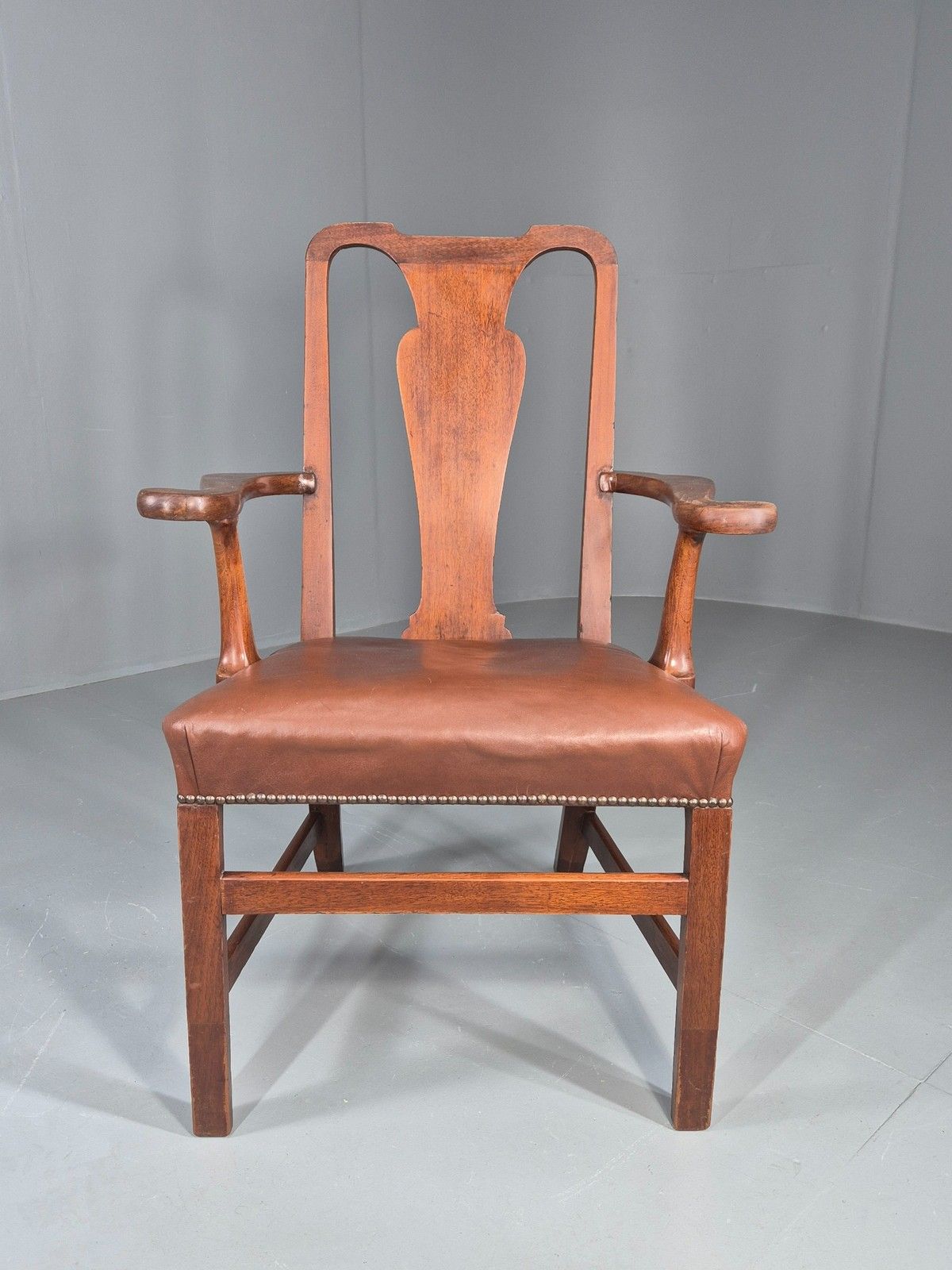 Antique Georgian Elbow Chair Mahogany Frame Leather Seat Splat Back Eb11933 photo furniture
