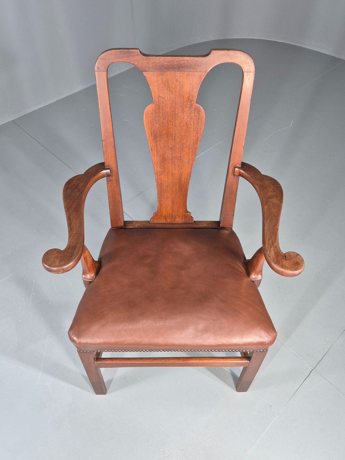 Antique Georgian Elbow Chair Mahogany Frame Leather Seat Splat Back Eb11933 photo for sale