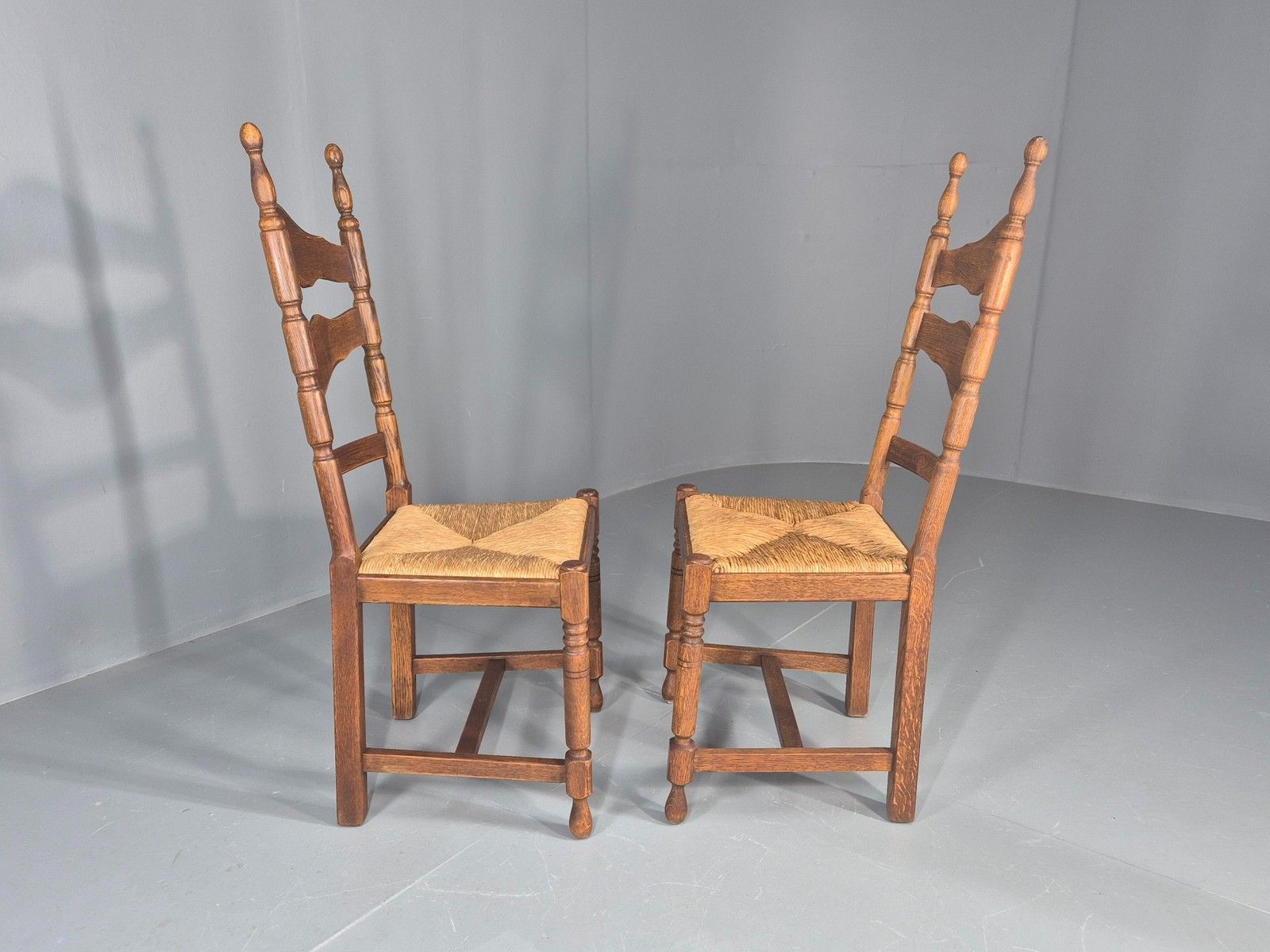 photo buy Vintage Spanish Style Country Chairs Rush Seated Oak Frames Eb11951
