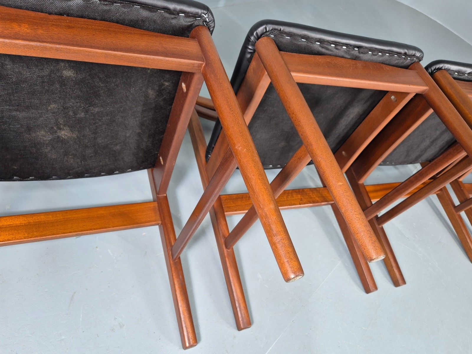 photo for sale 4 Vintage Jentique Dining Chairs Teak Frames Black Vinyl 60s Retro Mcm Eb1195