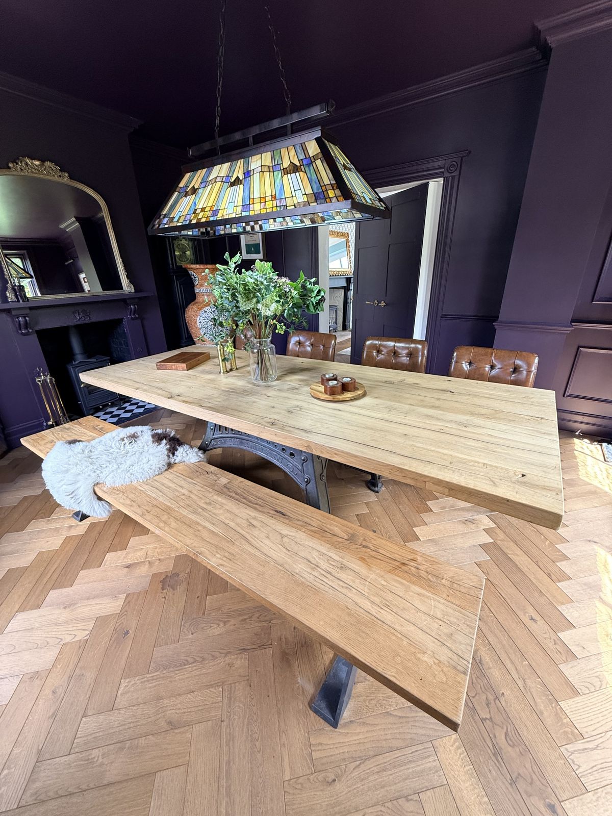 Bespoke Industrial Oak Dining Table Set With Original Henry Bamford & Sons Cast Iron Base, photo for sale