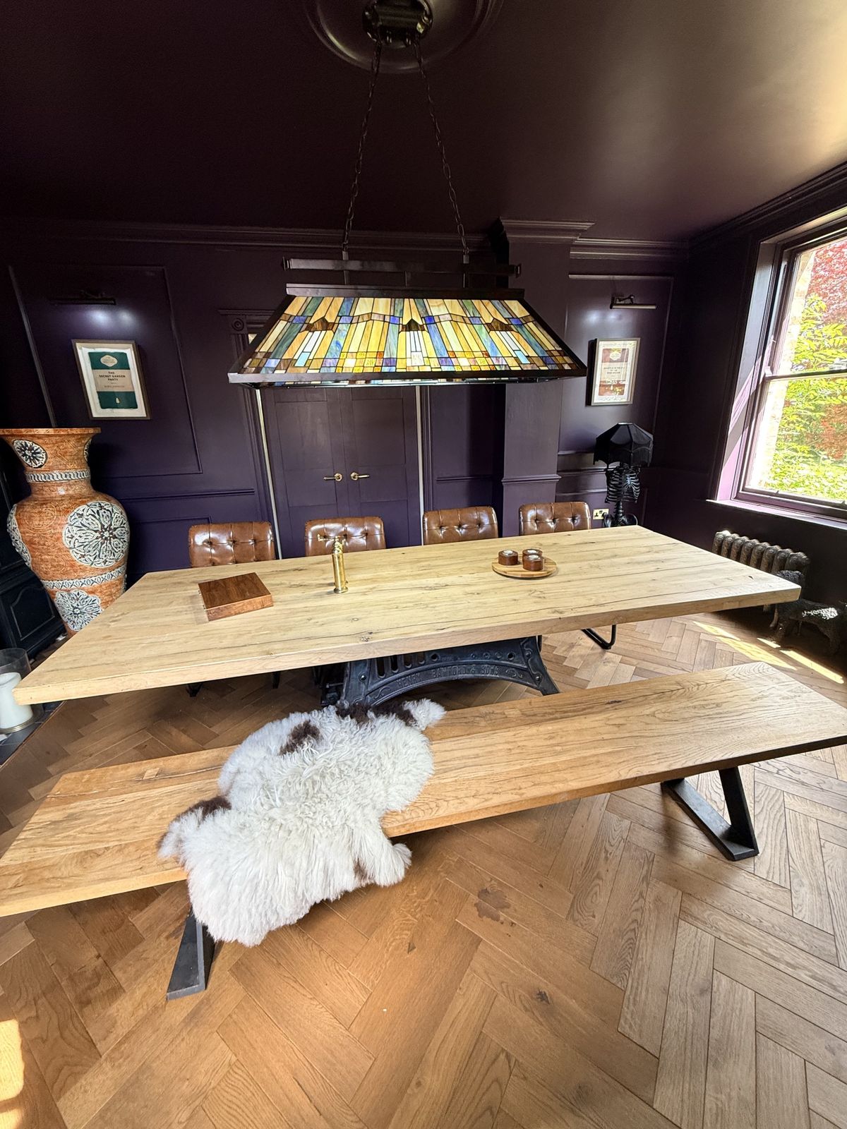 Bespoke Industrial Oak Dining Table Set With Original Henry Bamford & Sons Cast Iron Base, photo 5000.0