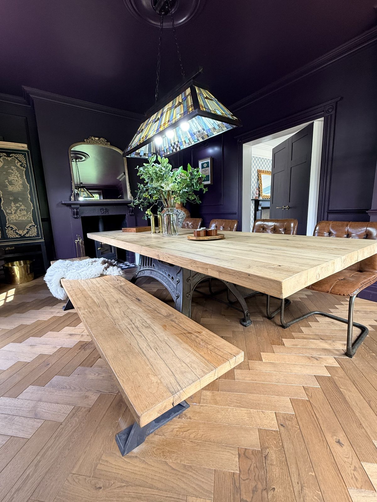 photo furniture Bespoke Industrial Oak Dining Table Set With Original Henry Bamford & Sons Cast Iron Base,