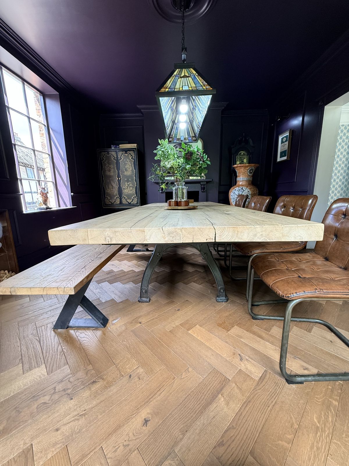 Furniture Bespoke Industrial Oak Dining Table Set With Original Henry Bamford & Sons Cast Iron Base, photo