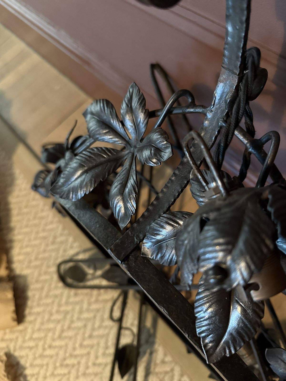 photo vintage 1920s Genet & Michon French Art Nouveau Wrought Iron And Frosted Glass Chandelier