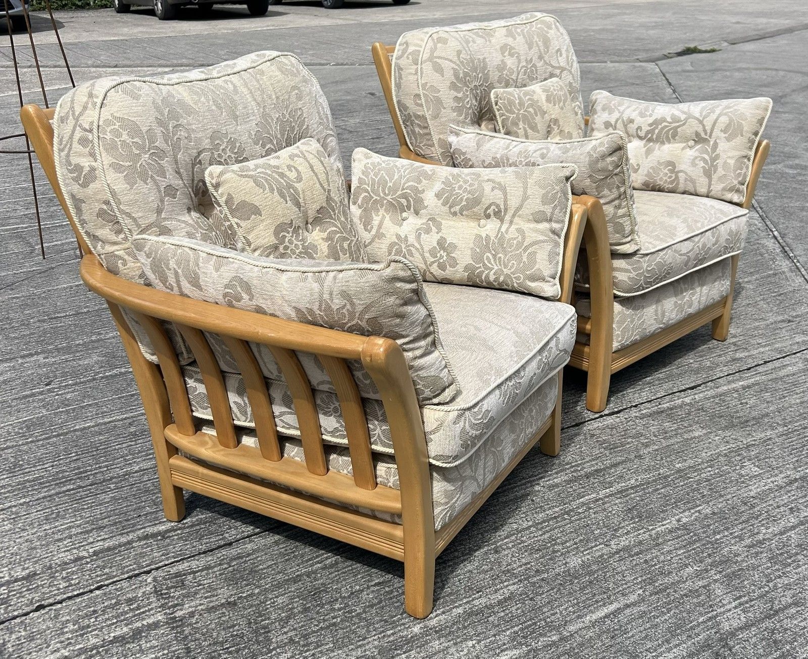Ercol Blonde Light Ash Palma Pair Of Armchairs Lounge Chairs Pavina Beige Fabric photo furniture