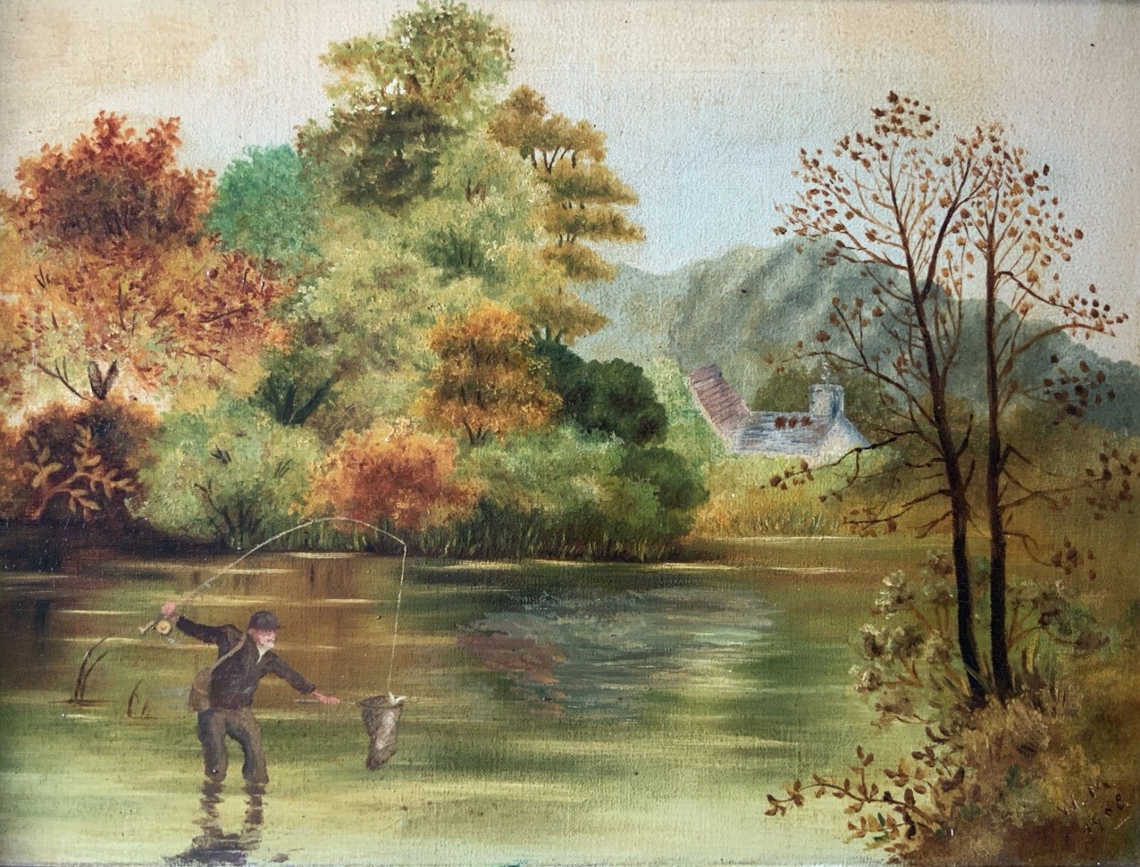 Edwardian Antique Trout Fishing Landscape Oil Painting Signed Original C.1908 photo for sale