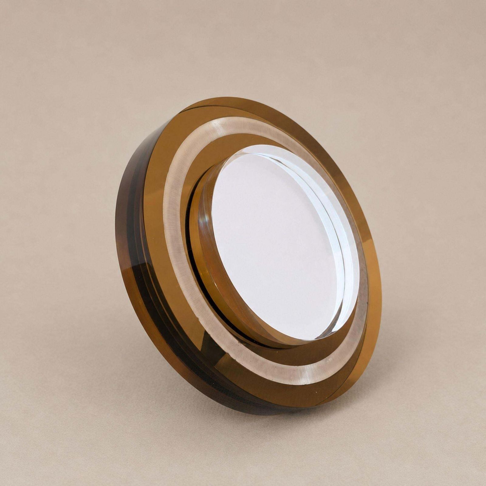 1970s Italian Round Amber Lucite Photo Frame With 925 Silver Band. photo Home Decor
