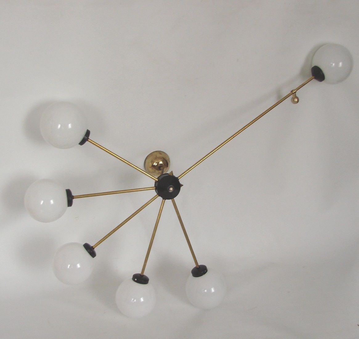 Stilnovo jaren 1960 messing en glas hanglamp, 6xE14, vintage photo Verlichting