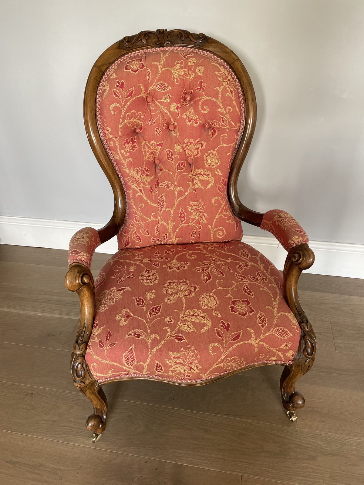 Victorian Deeply Carved Mahogany Armchair   Reupholstered