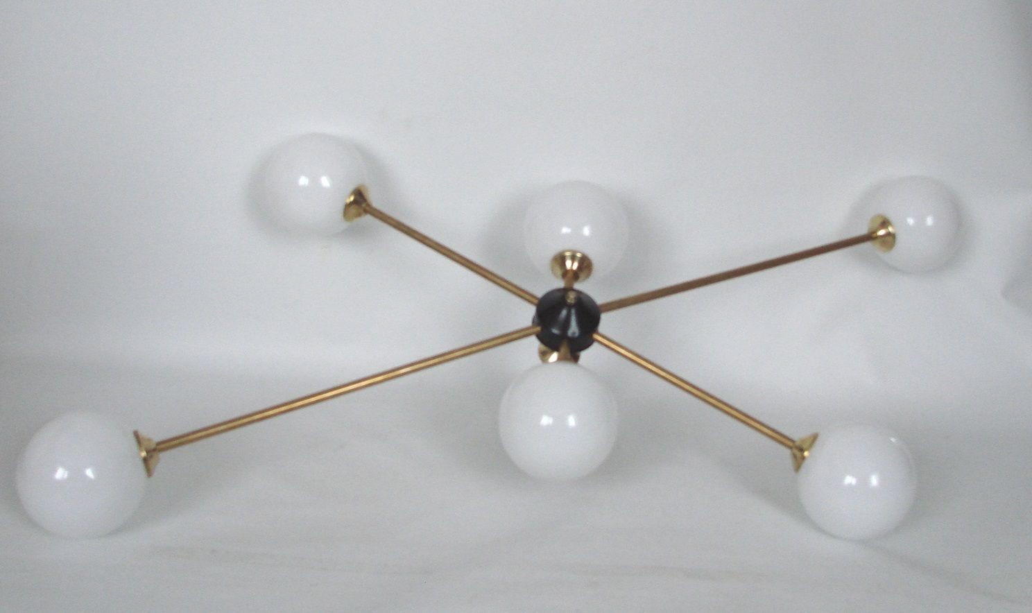 Stilnovo Vintage 1960s Chandelier, Brass And Glass, 6xe14 photo for sale