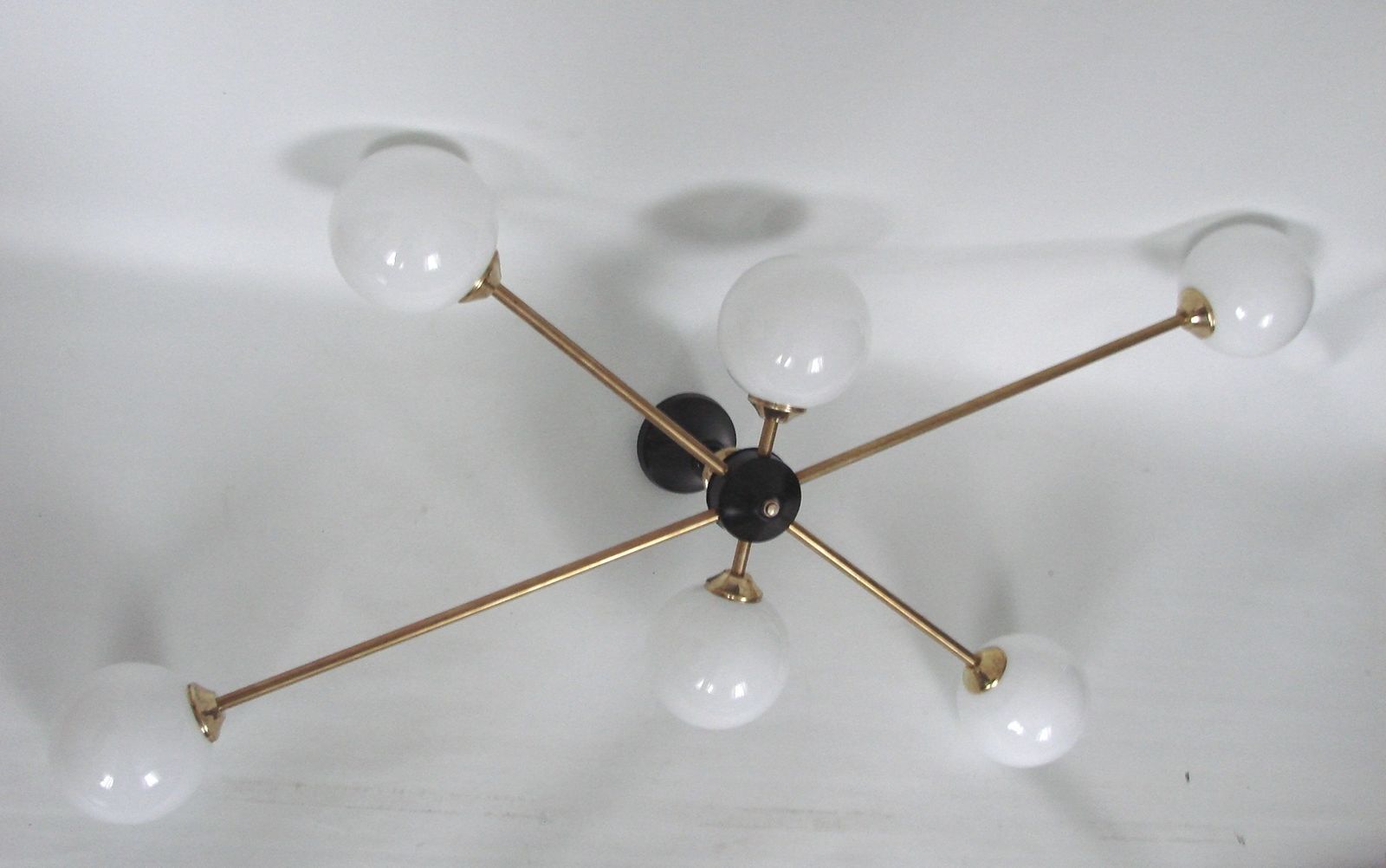 Stilnovo Vintage 1960s Chandelier, Brass And Glass, 6xe14 photo 499.0