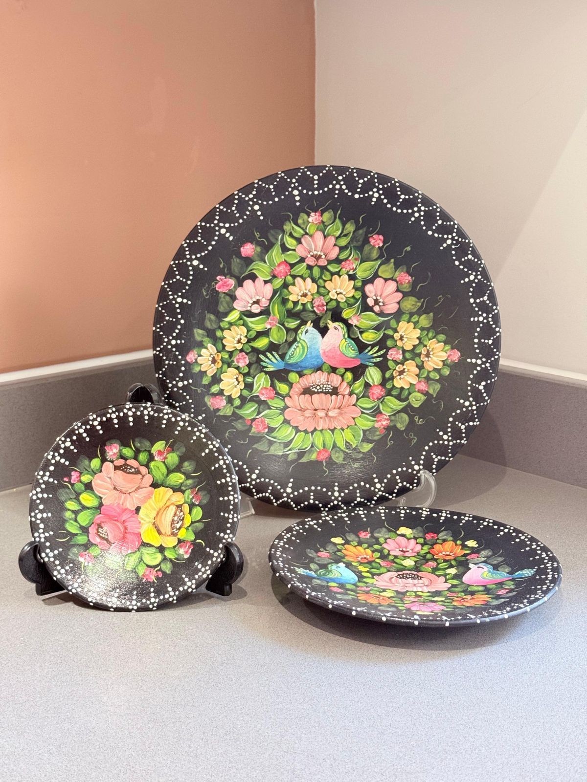 Set Of 3 Hand Painted Folk Art Decorative Plates With Floral & Bird Motifs Home photo for sale