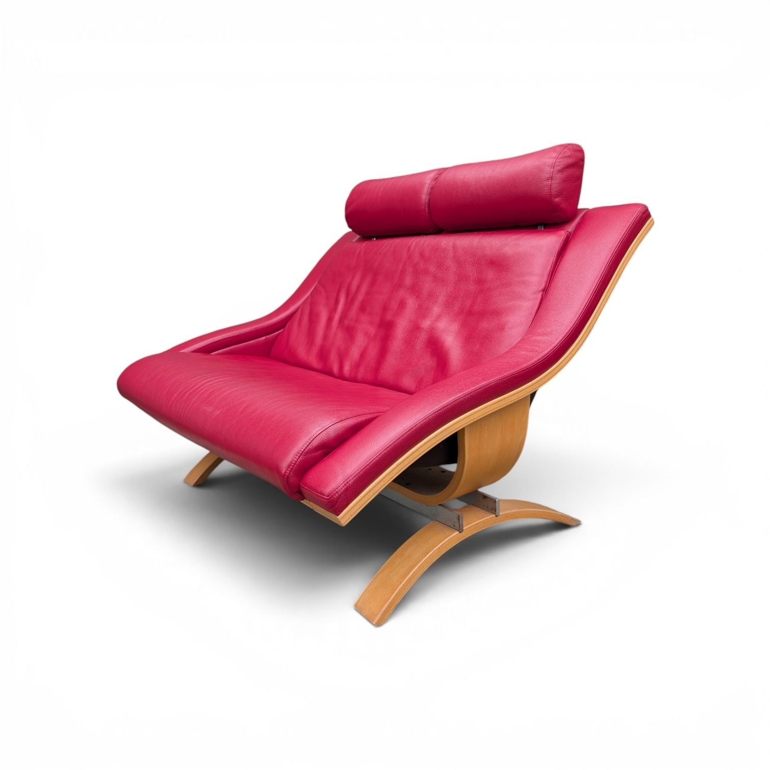 Roche Bobois Red Leather Two Seater Sofa On Bentwood Beech Base, France photo vinterior