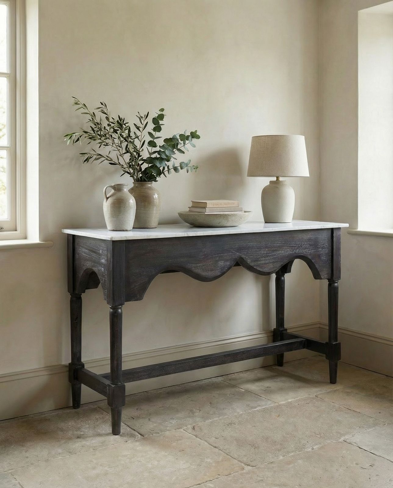 Dark Washed Mango Wood Console Table With White Marble Top
