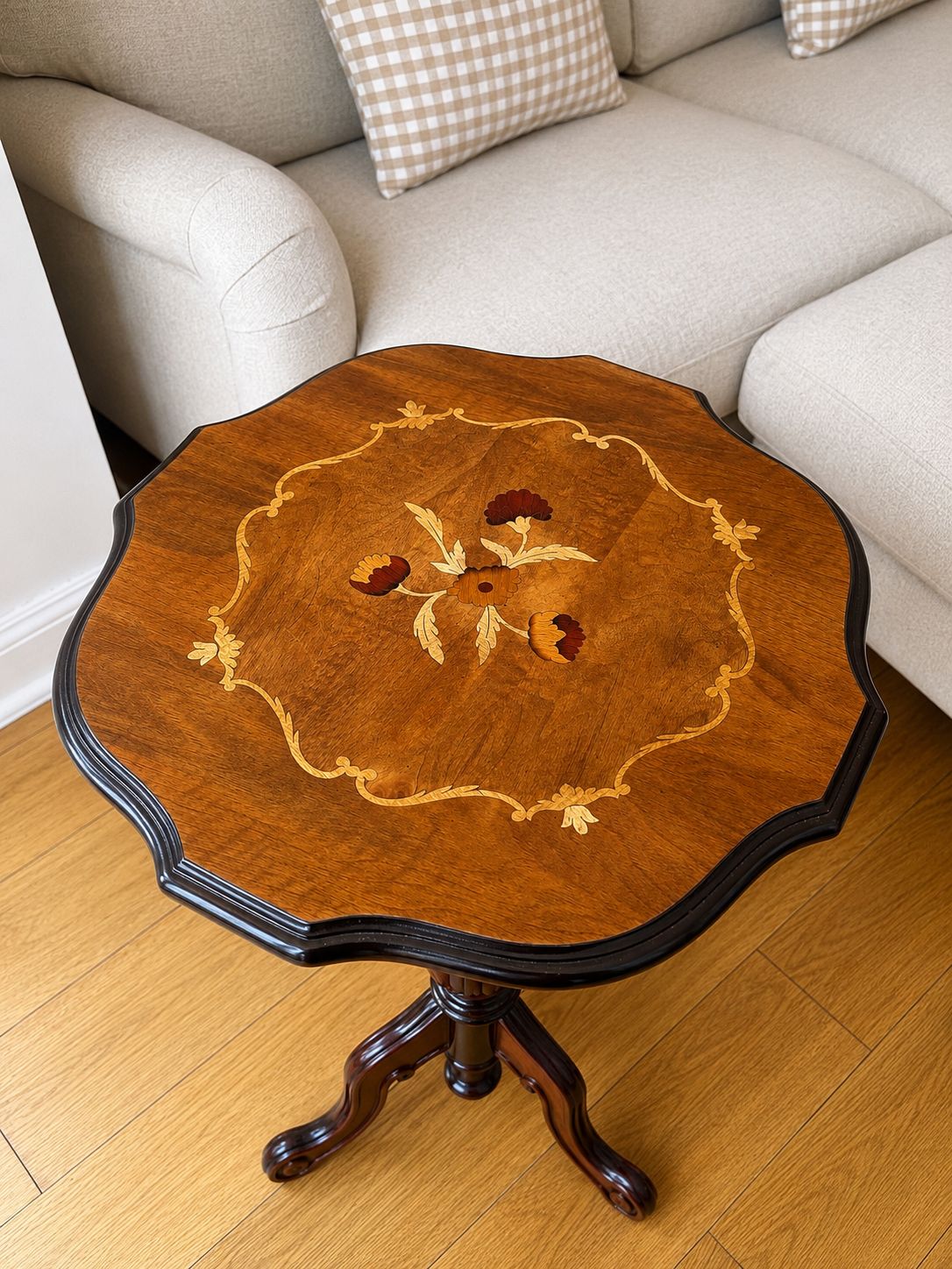 Vintage Wooden Side Table With Floral Inlay photo for sale