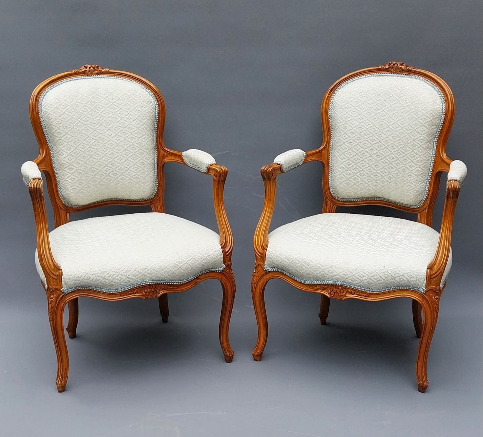 Fabulous Pair Of Antique French Walnut Armchairs Upholstered In Duck Egg Blue And Silver Diamond Fabric photo Furniture