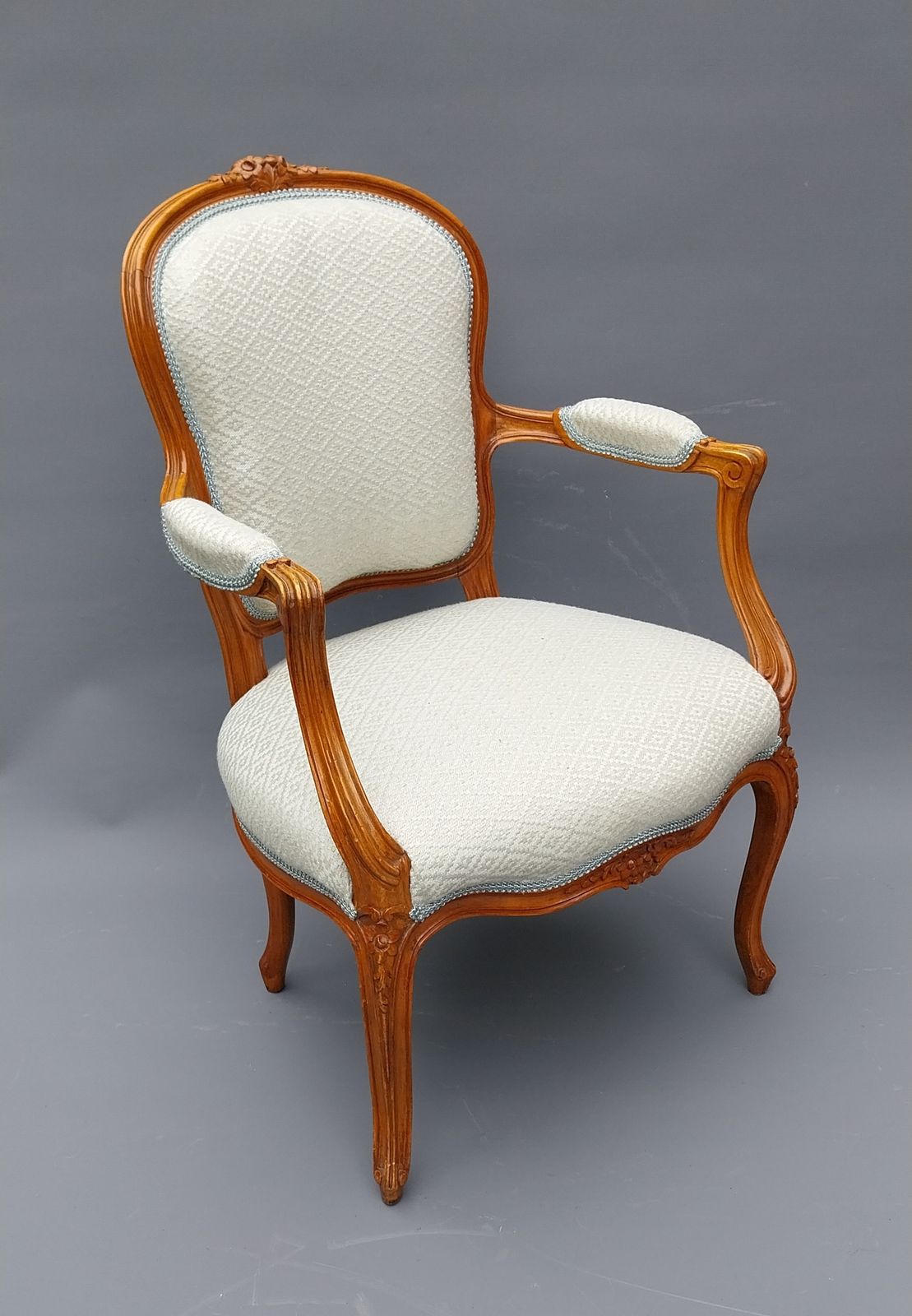 Fabulous Pair Of Antique French Walnut Armchairs Upholstered In Duck Egg Blue And Silver Diamond Fabric photo vinterior