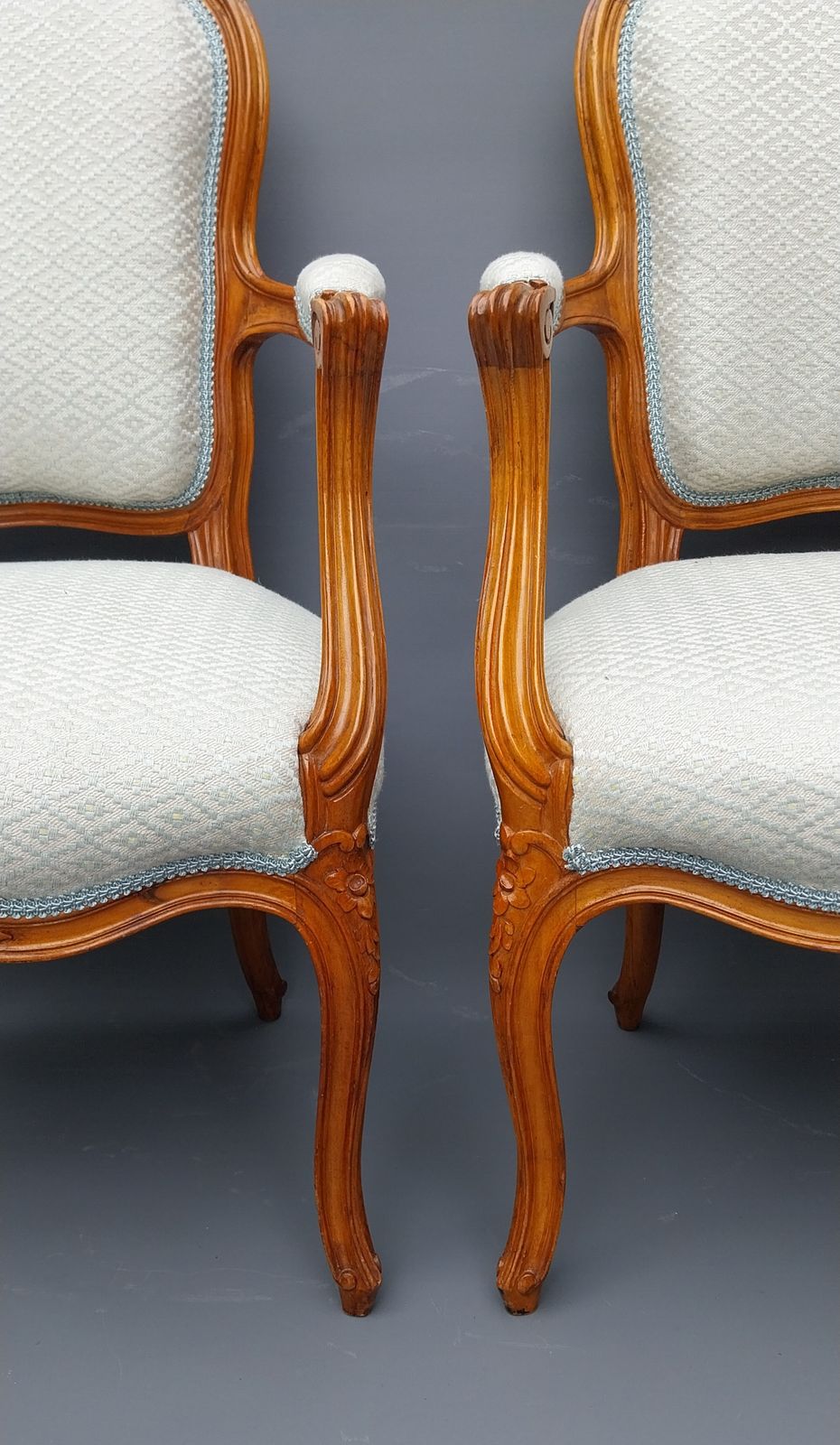photo for sale Fabulous Pair Of Antique French Walnut Armchairs Upholstered In Duck Egg Blue And Silver Diamond Fabric