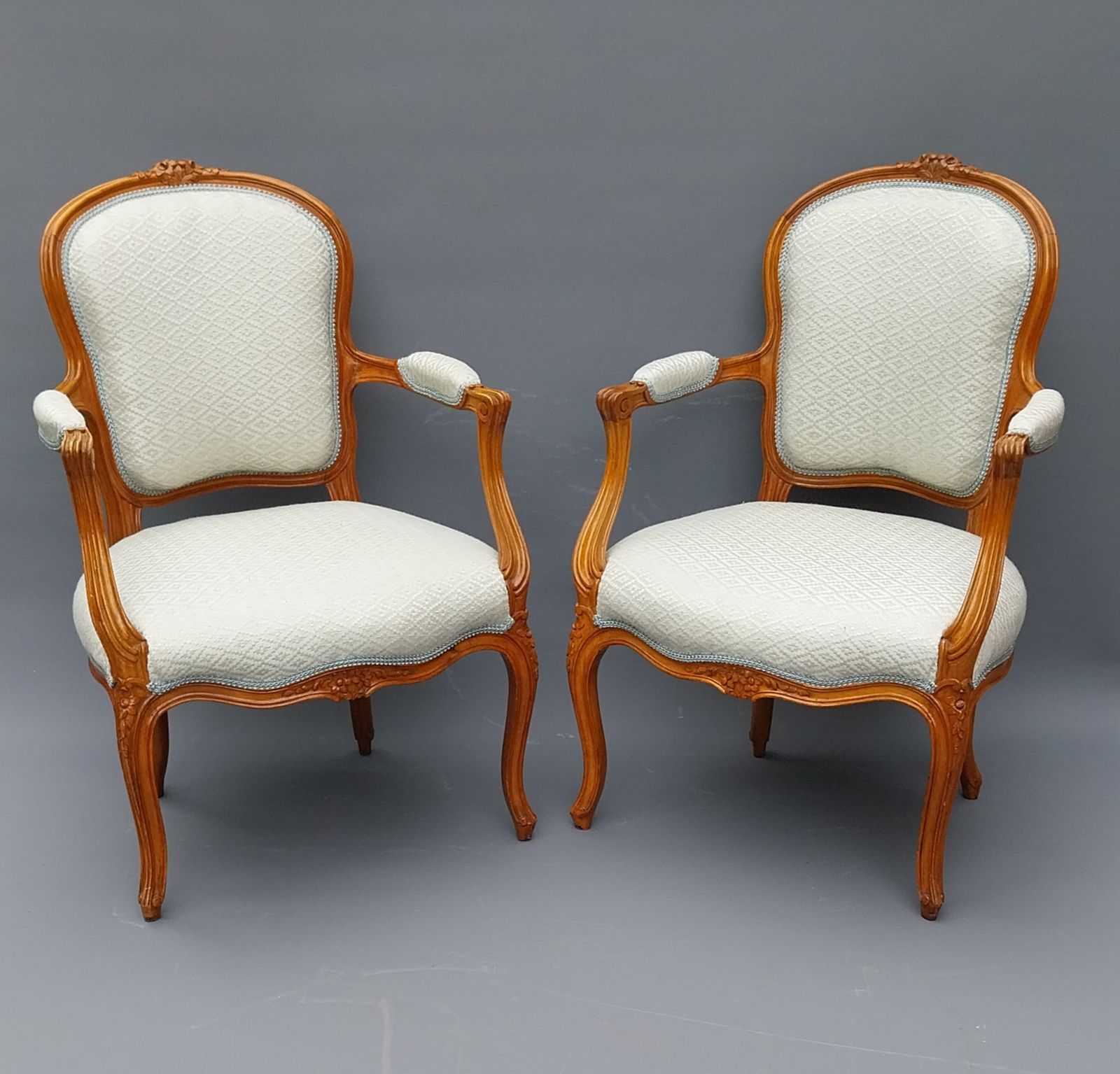 photo furniture Fabulous Pair Of Antique French Walnut Armchairs Upholstered In Duck Egg Blue And Silver Diamond Fabric