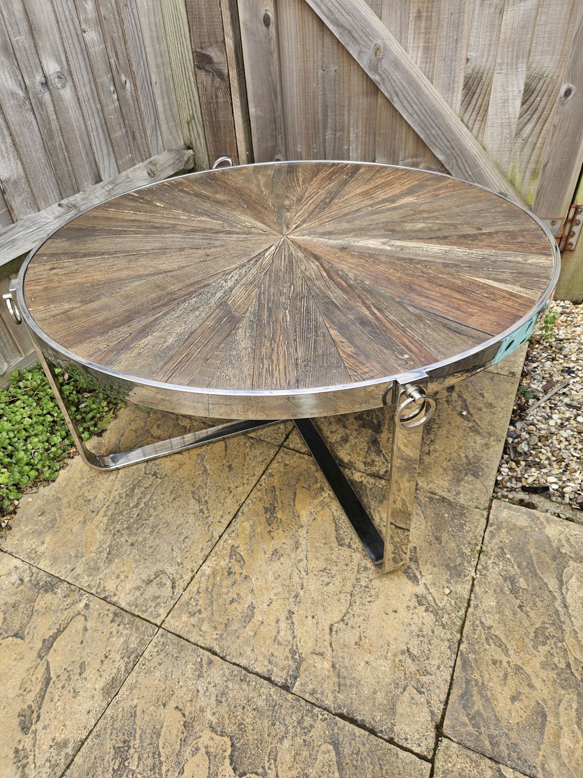 photo furniture Orsina Mitra Modern Chrome & Elm Wood Coffee Table Reclaimed Wood Sunburst Style