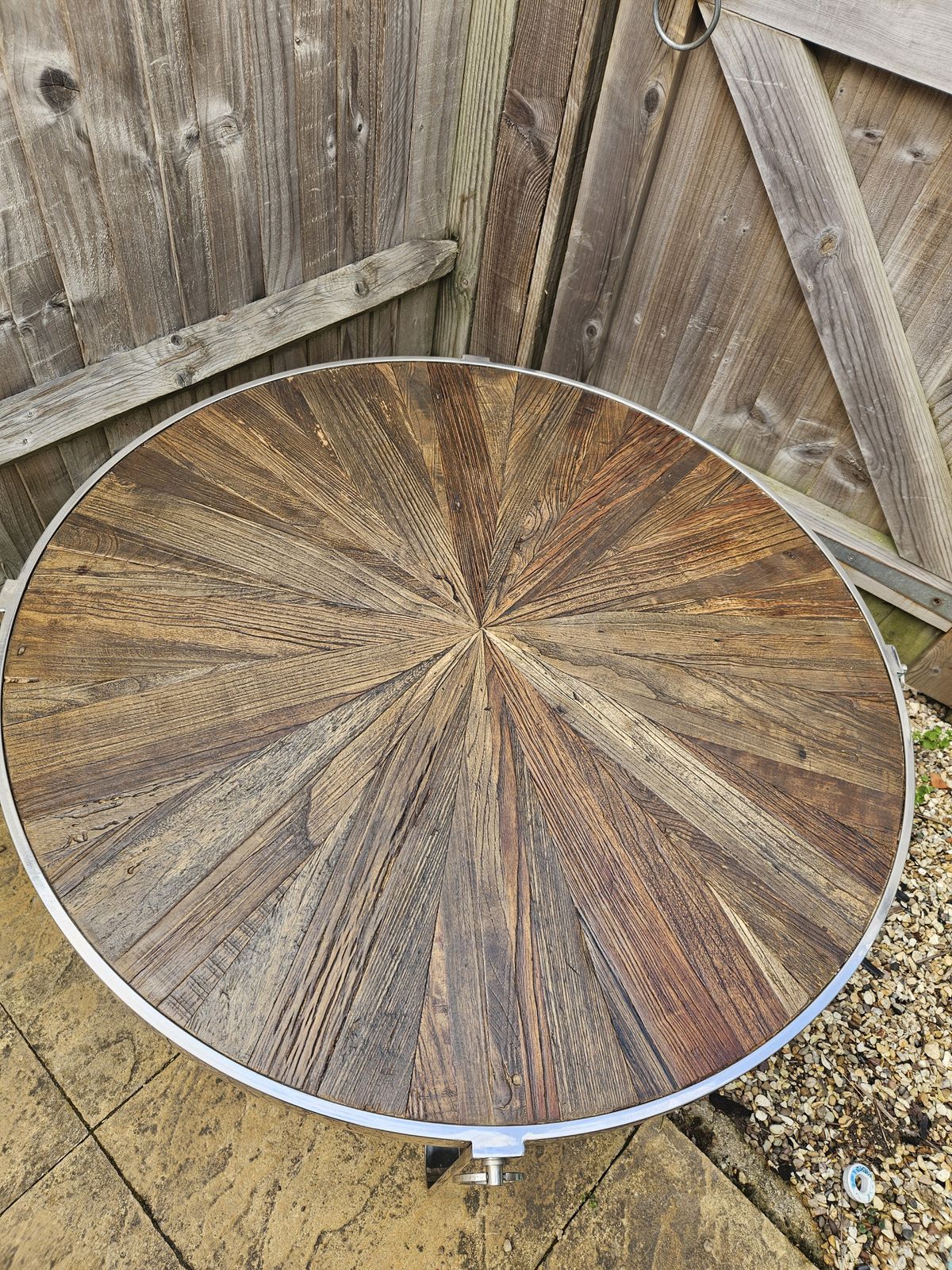 Furniture Orsina Mitra Modern Chrome & Elm Wood Coffee Table Reclaimed Wood Sunburst Style photo