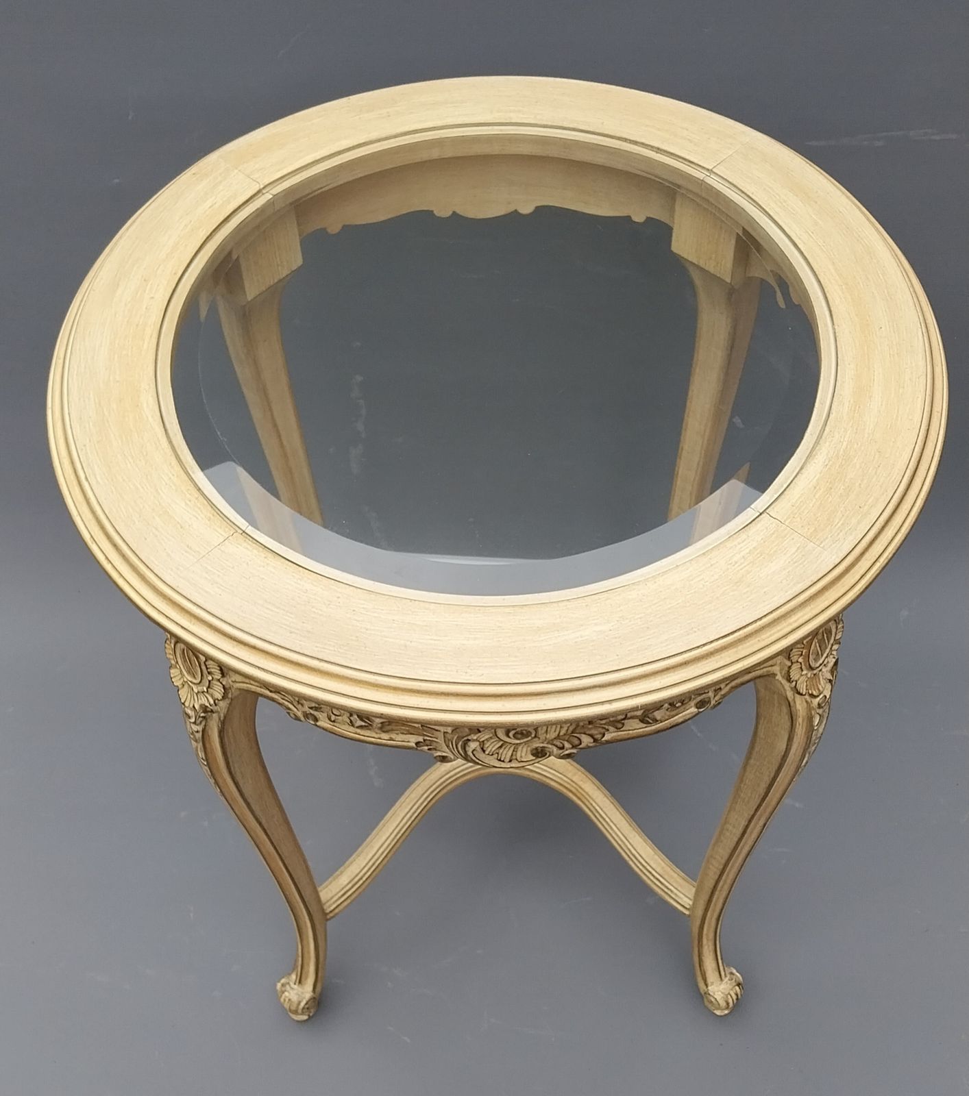 French Style Oak Glass Top Occasional Table photo vintage