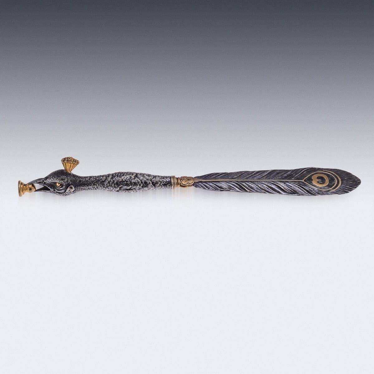 Antique 20th Century Silver Plate & Brass Peacock Letter Opener photo for sale