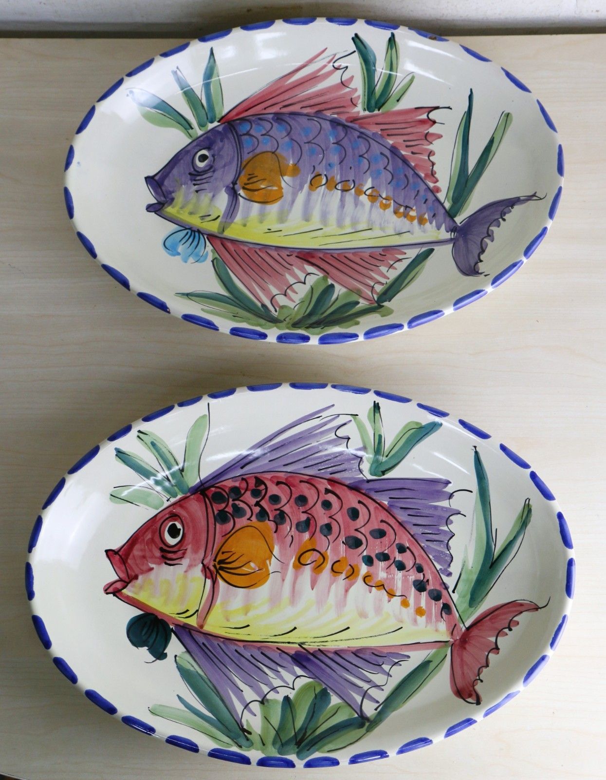 Vintage Italian 2 X Large Vietri Al Mare Pottery Hand Painted Dishes Wall Hanger photo for sale