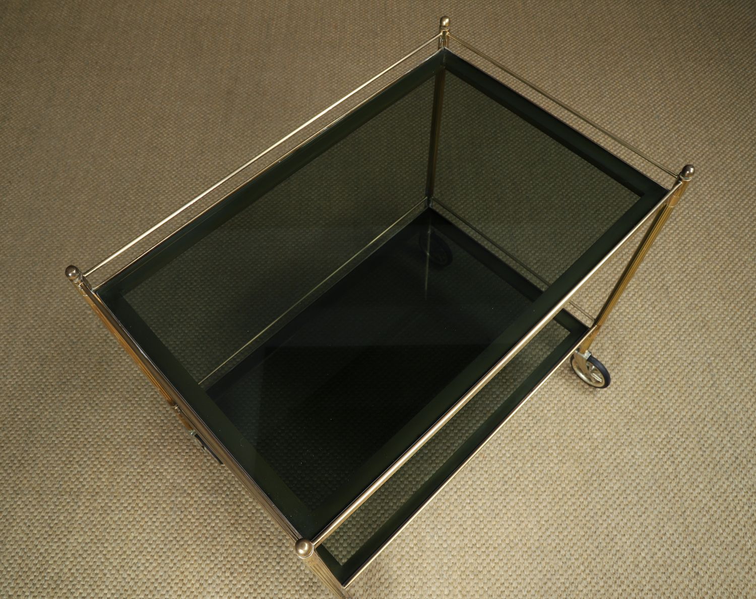 Furniture Vintage French Mid Century Brass & Smoked Glass Drinks Serving Trolley Bar Cart (Circa 1960) photo