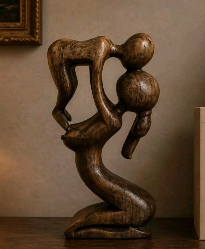 Large Abstract Wooden Sculpture Mother Child Family Art Statue 39cm Hand Carved photo for sale