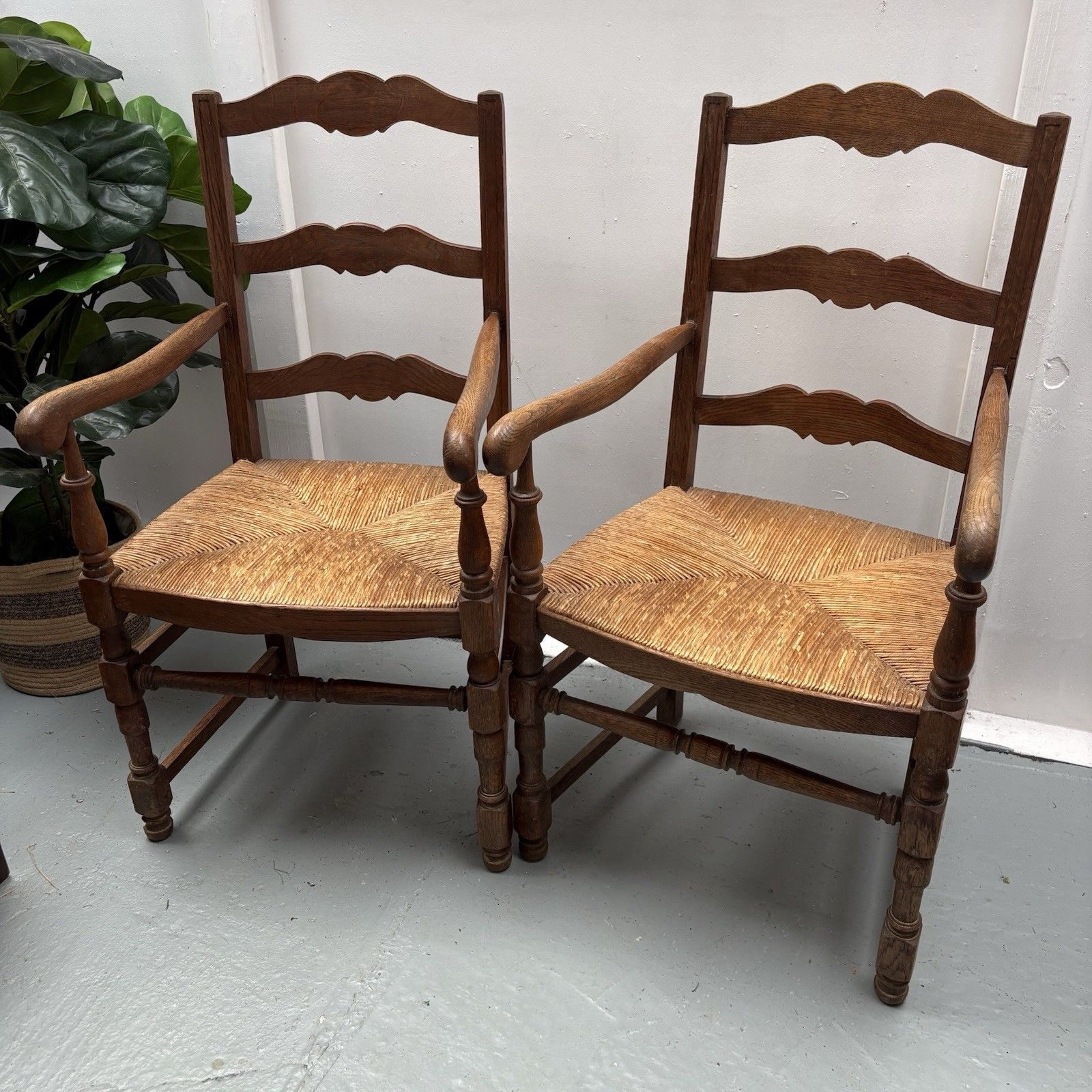 Pair Of Provincial French Country Oak Rush Seat Ladderback Carver Dining Chairs