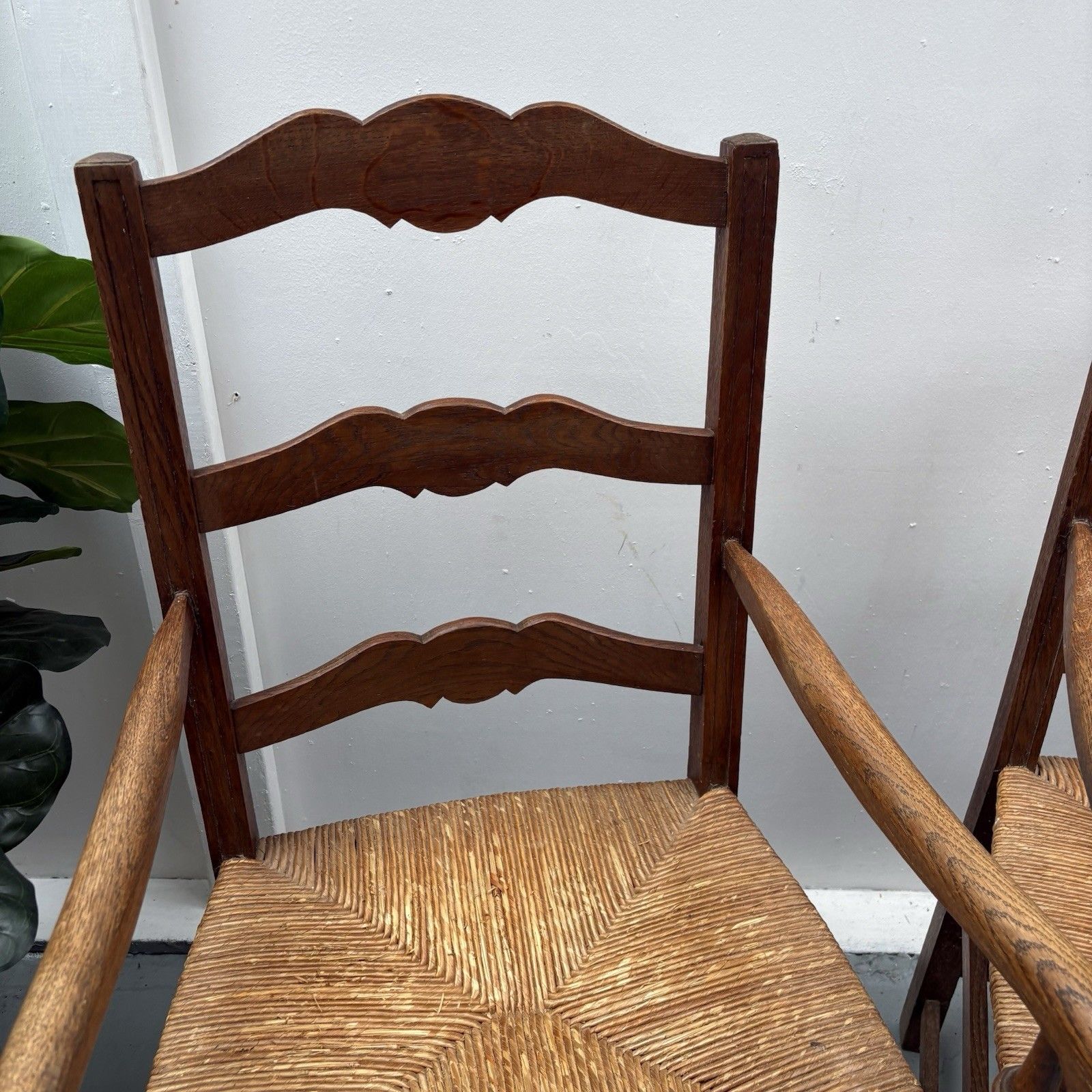 photo for sale Pair Of Provincial French Country Oak Rush Seat Ladderback Carver Dining Chairs