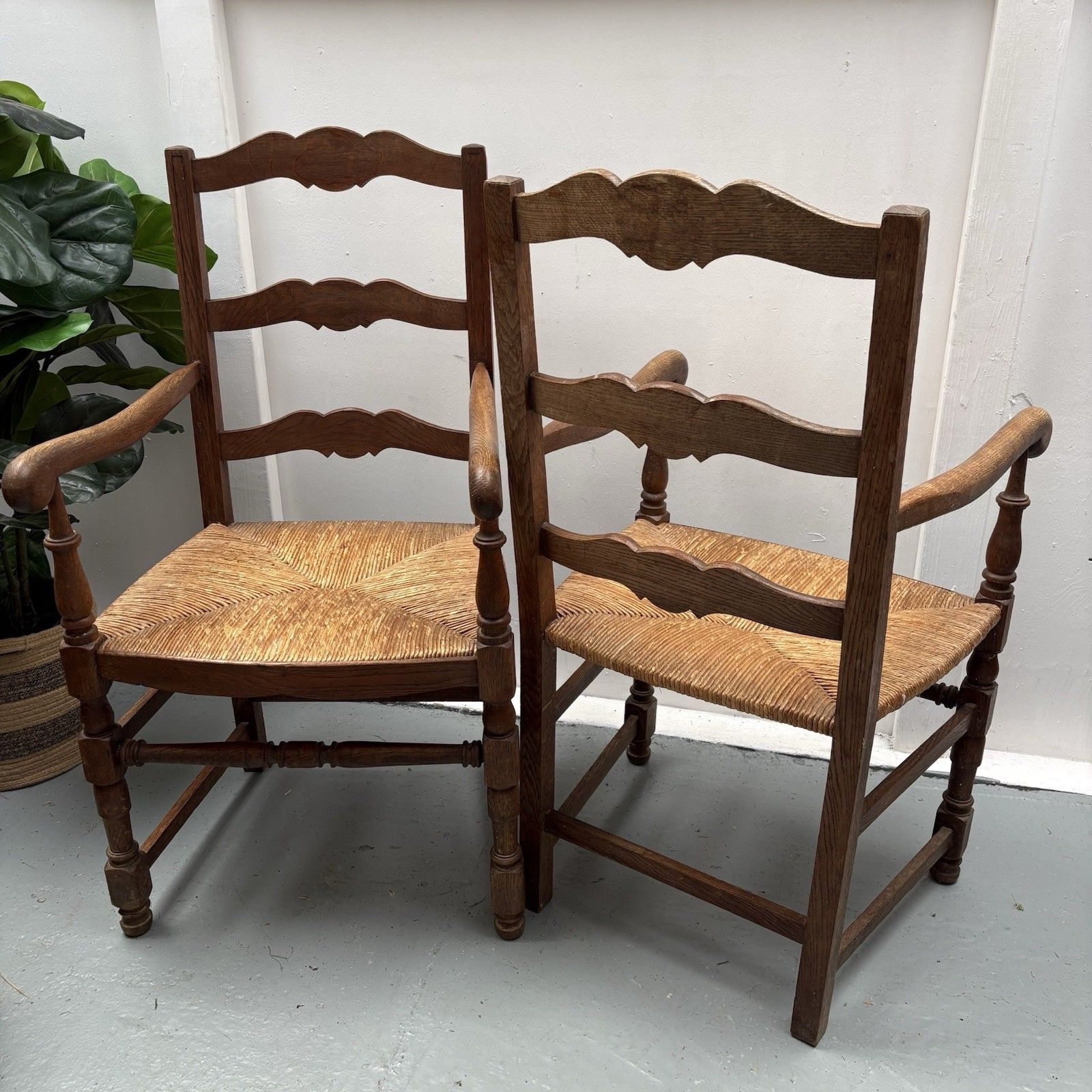 photo buy Pair Of Provincial French Country Oak Rush Seat Ladderback Carver Dining Chairs