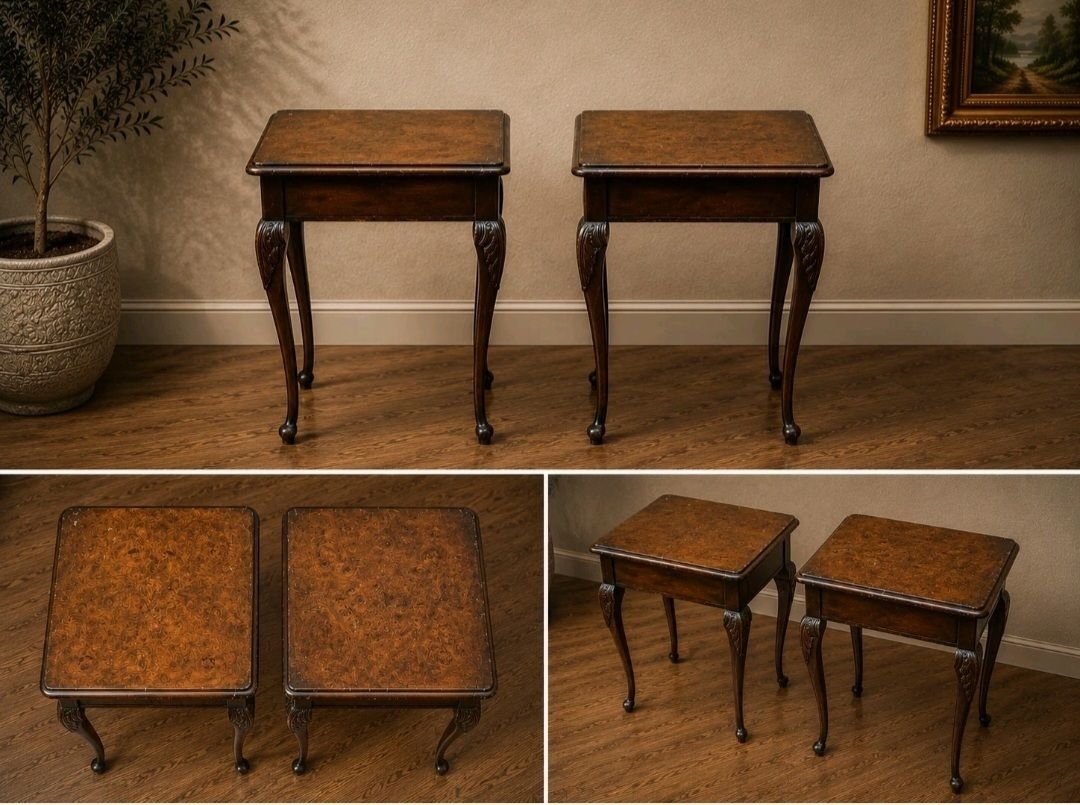 Vintage Burr Walnut Queen Anne Occasional Tables Pair