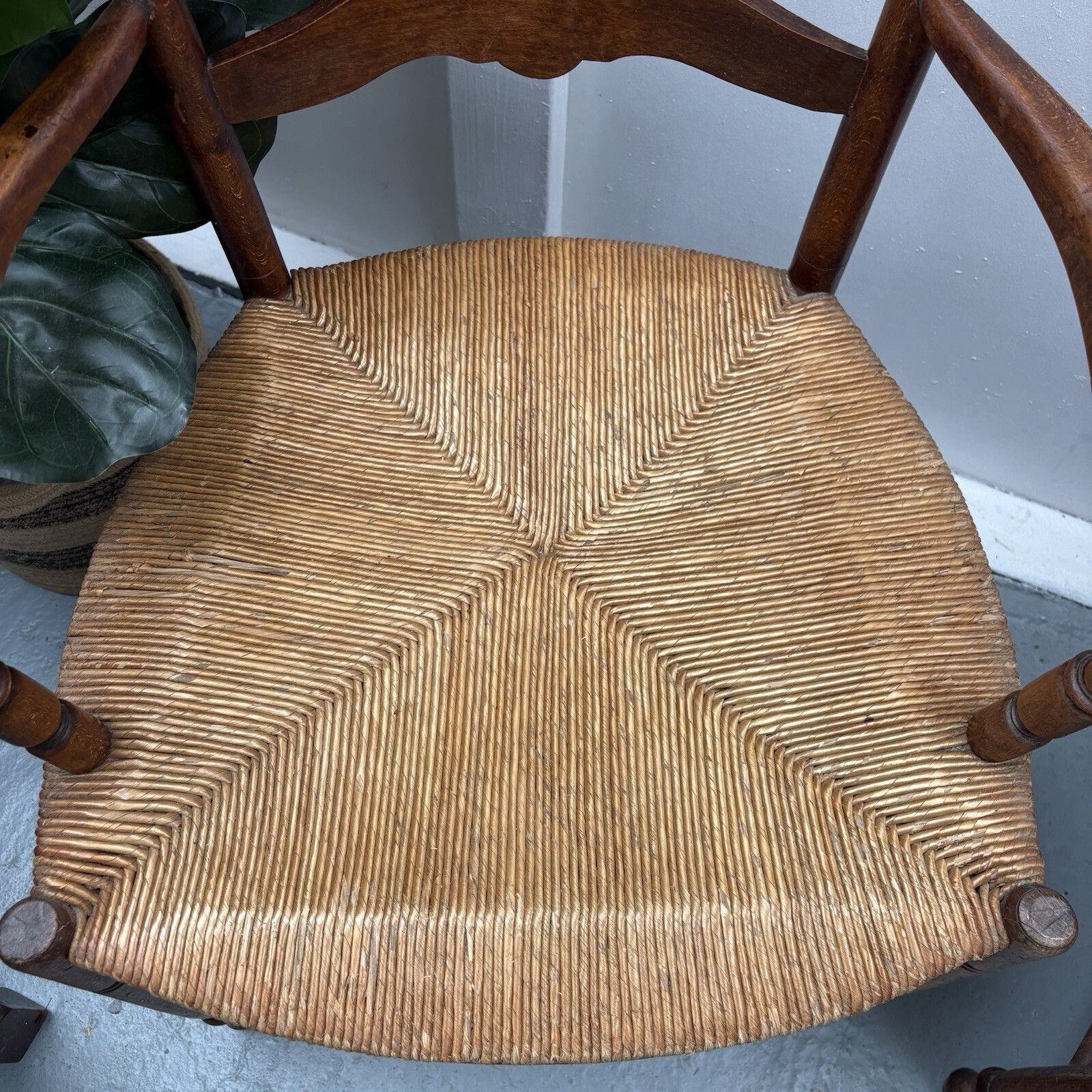 Pair Of Provincial French Country Oak Rush Seat Ladderback Carver Dining Chairs photo furniture