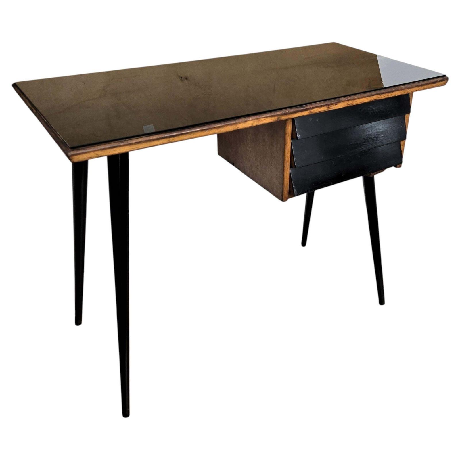 1950s Art Deco Mid Century Italian Walnut Burl Wood Glass Top Writing Desk Table